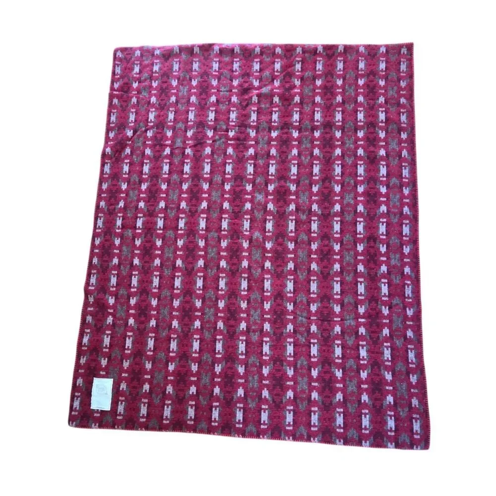 WOOLRICH Wool Throw Blanket USA Aztec Pattern Sherpa Back 56 x 68 Burgundy NWOT